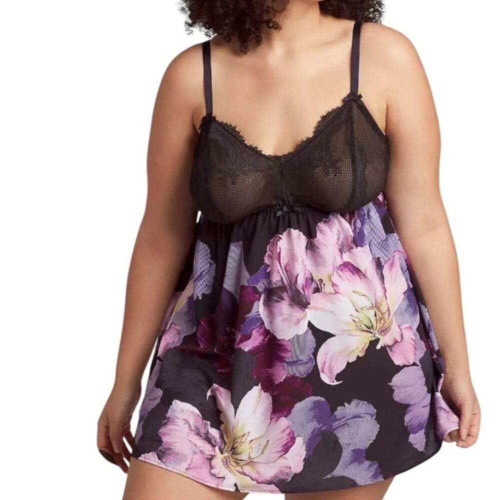 Cacique by Lane Bryant Floral Print Mesh Lace Trim No Wire Babydoll